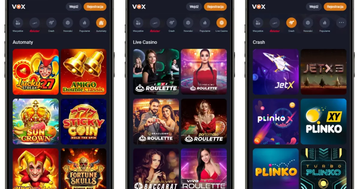Interfejs aplikacji Vox Casino