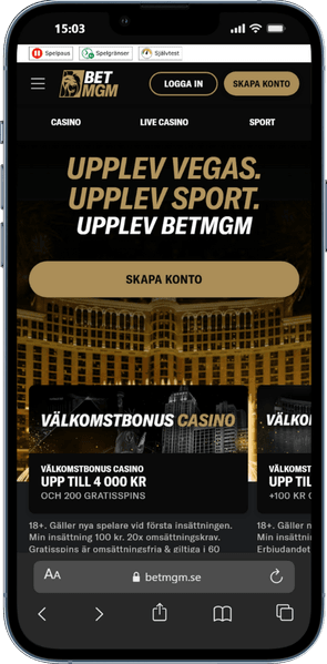 Skärmbild på BetMGM från mobilen