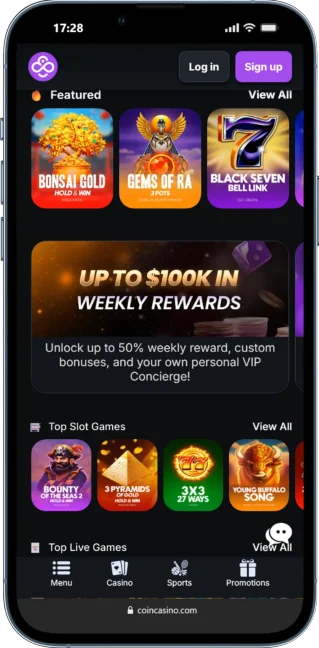 Skärmbild av CoinCasino på mobilen
