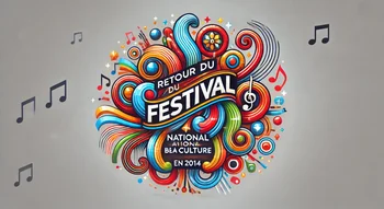 Affiche colorée du Retour du Festival National de la Culture en 2014 avec des motifs musicaux.
