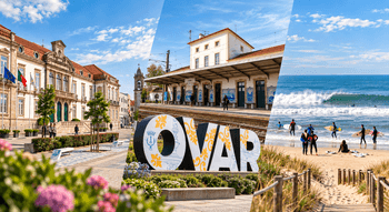 Colagem de Ovar: edifício histórico, estação, letreiro e surfistas