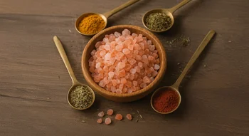 ملح الهيمالايا الوردي في وعاء خشبي مع التوابل