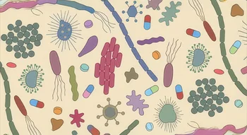 رسم توضيحي فني ملون يجمع بين أشكال مختلفة من البكتيريا والفيروسات والميكروبات المنتشرة بجانب كبسولات وحبوب المضادات الحيوية المتنوعة