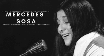 Affiche mettant en avant jeune Mercedes Sosa avec une citation sur son influence musicale.