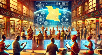 Bibliothèque numérique en Angola avec un écran interactif et des participants en costumes traditionnels.