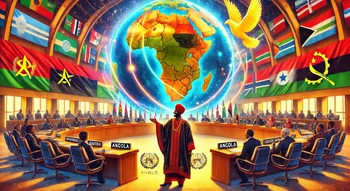 Illustration symbolique représentant l'unité africaine avec un globe au centre et le rôle de l'Angola dans la région des Grands Lacs.