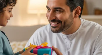 طفلة صغيرة تقدم هدية لوالداها في عيد الأب