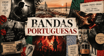 Colagem com bandas, guitarras e cidades portuguesas