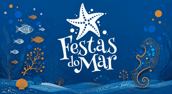 Ilustração oficial das Festas do Mar 2026 com estrela-do-mar, cavalo-marinho e peixes sobre fundo azul