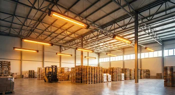 أنظمة تدفئة إشعاعية صناعية (گرما‌تاب) معلقة في سقف مستودع كبير يضم منصات خشبية ورافعة شوكية.