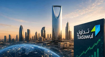 أفق مدينة الرياض مع برج المملكة يعرض لوحة كبيرة تحمل شعار تداول ورسم بياني مالي صاعد بجوار مجسم كرة أرضية رقمية متوهجة