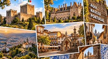 Collage mit dem Castelo de Guimarães, Paço dos Duques de Bragança, historischem Zentrum, „Aqui Nasceu Portugal“ und der Seilbahn zur Penha