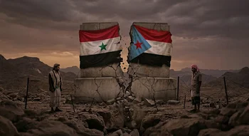 انقسام اليمن (Yemen Division): نصب حجري مشقوق يحمل علمي اليمن الشمالي والجنوبي.