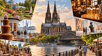 Collage mit Kölner Dom, Rhein, Botanischem Garten, Schokoladenmuseum, Brauhaus und weiteren Sehenswürdigkeiten in Köln