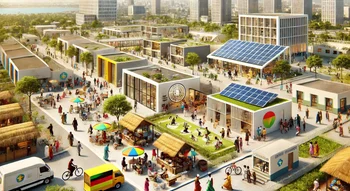 Vue d'ensemble d'une communauté moderne illustrant la lutte contre la pauvreté en Angola.