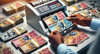 Comptage de billets de banque en kwanzas angolais et en dollars américains, représentant l'activité bancaire en Angola aujourd'hui.