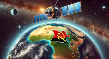 Vue spatiale de l'Angola avec son drapeau, montrant un satellite représentant le programme Les satellites de l'Angola.