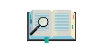 Illustration d'un livre ouvert avec une loupe, représentant un glossaire ou une recherche d'information.