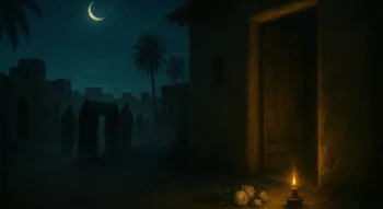 مشهد ليلي يرمز إلى شهادة فاطمة الزهراء، حيث تظهر جنازتها في الخلفية وباب بيتها المفتوح مع شمعة وورود بيضاء.