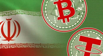 العملات الرقمية في إيران (Cryptocurrency in Iran): علم إيران يندمج مع رموز عملتي البيتكوين والتيثر الرقمية المصممة كلوحات دوائر إلكترونية.