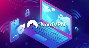 حاسوب محمول وهاتف ذكي يعرضان تطبيقات حماية مع علامة NordVPN ورموز الأمان الرقمي مثل القفل والدرع على خلفية تقنية زرقاء وبنفسجية.