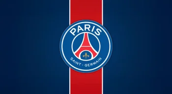 Logo officiel du Paris Saint-Germain sur fond bleu et rouge.