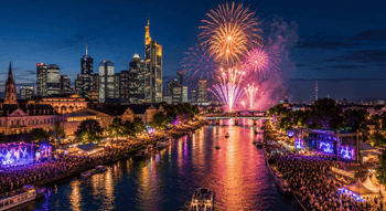 Nachtpanorama des Museumsuferfestes in Frankfurt: Feuerwerk über dem Main, Menschenmassen an beiden Ufern und die beleuchtete Skyline der Stadt
