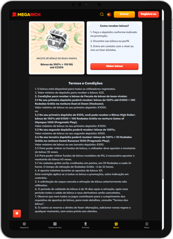 Bónus de boas-vindas do MegaRich Bónus de boas-vindas