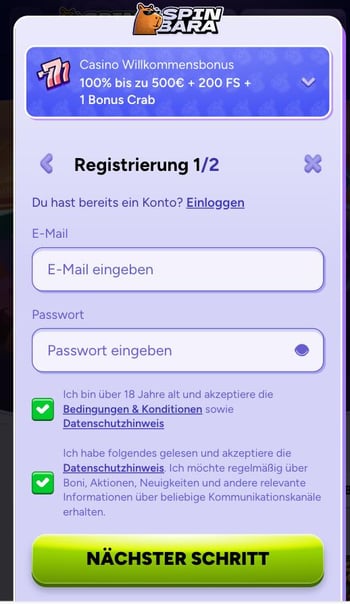 Registrierung im Casino Spinbara in Deutschland