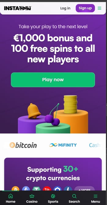 Skärmbild på Instaspin casino hemsida på dator.