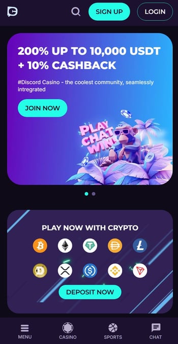 Skärmdump av Discasino-webbplatsen på mobilen.