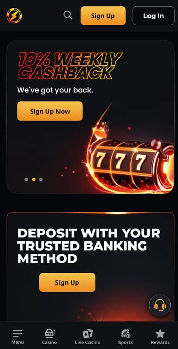 Skärmdump av Instant Casino från mobilen.