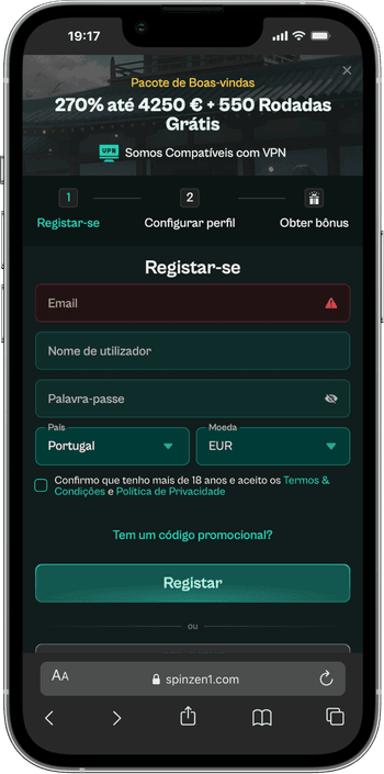 Registo no casino online Spinzen
