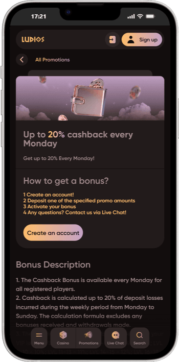 Bónus de cashback Casino Ludios Bónus de cashback