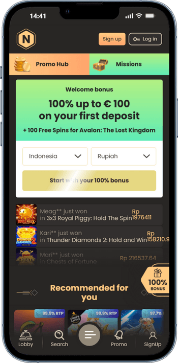 Skärmbild på National Casino från mobilen