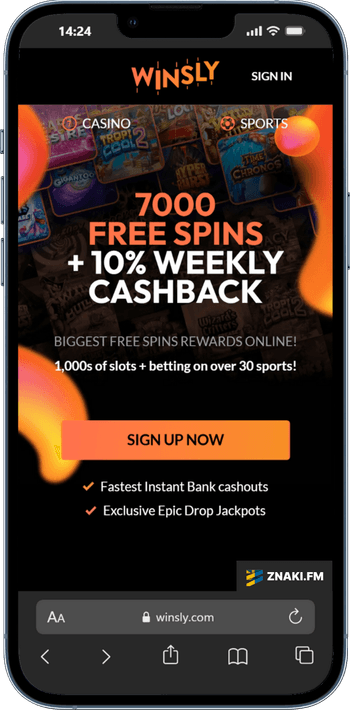 Skärmbild på Winsly Casino från mobilen
