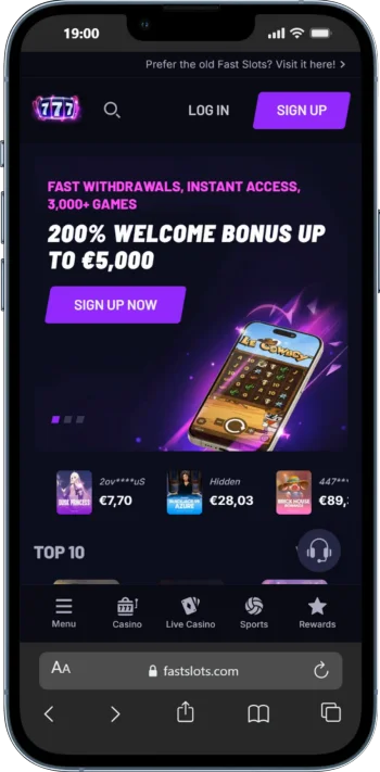 Skärmbild på Fastslots från mobilen