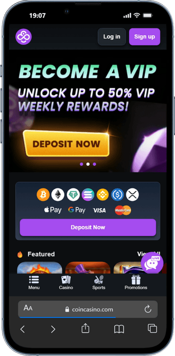 Skärmbild på CoinCasino från mobilen