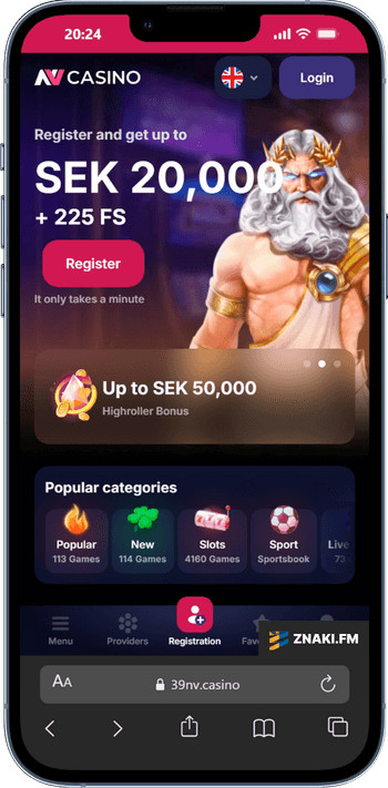 Skärmbild på NV Casino från mobilen