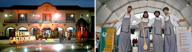 Fachada iluminada da Casa do Campino em Santarém à noite com letreiro Festival Gastronomia e esculturas decorativas