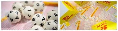 Lottokugeln mit Zahlen und offizielle Lotto 6aus49-Spielscheine aus Baden-Württemberg
