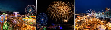 Beleuchtetes Riesenrad und Feuerwerk über der Kisselswiese beim abendlichen Wormser Backfischfest