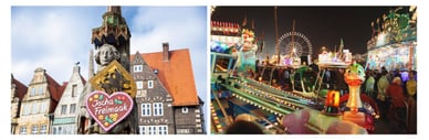 Bremer Roland mit Freimarktsherz Ischa Freimaak und Fahrgeschäfte bei Nacht