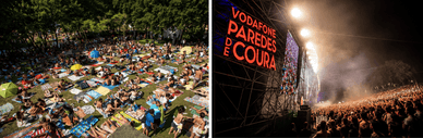 Festivaleiros deitados na relva de dia e palco iluminado à noite