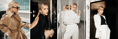 Caro Daur in vier Kampagnen-Looks: beiger Trenchcoat, schwarzes Kleid mit Lederhandschuhen, weißer Rollkragen-Strick und weißes Blazer-Set