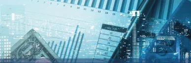 Superposition de graphiques financiers et de paysages urbains liée aux Études et données économiques.