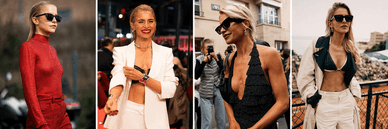Caro Daur Outfits: roter Glitzer-Rollkragen, weißer Blazer, schwarzes Halsträger-Kleid, weiße Cropped-Jacke