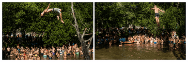 Festivaleiros a saltar para o rio Coura durante o Vodafone Paredes de Coura