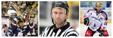 Sven Felski mit dem DEL-Meisterpokal, als Schiedsrichter und in einer Spielszenen für die Eisbären Berlin
