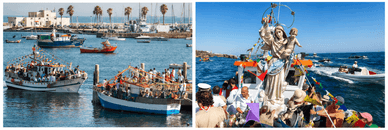 Procissão marítima de Nossa Senhora dos Navegantes com barcos decorados na Baía de Cascais